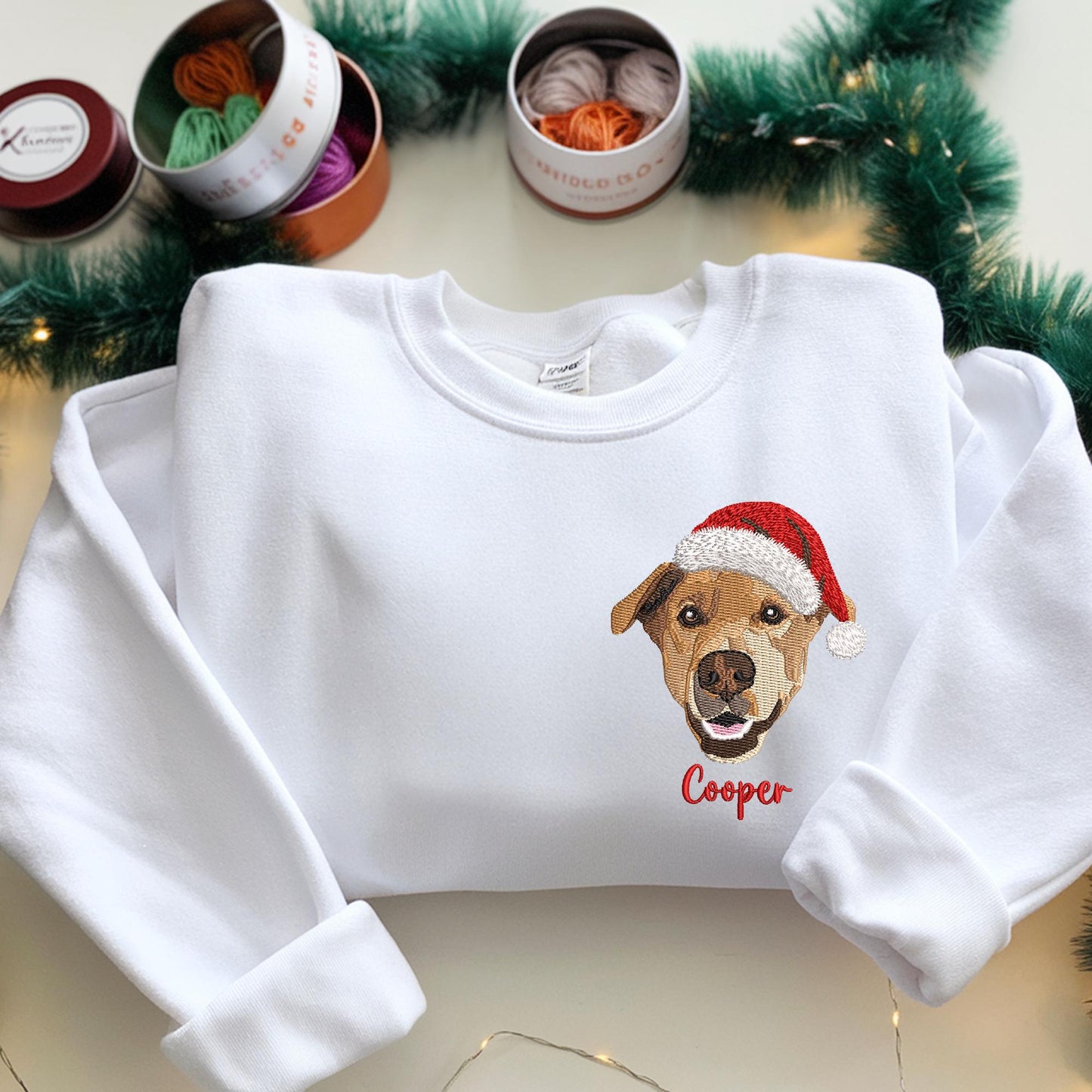 Custom Pet Portrait With Santa Hat Embroidered Sweatshirt