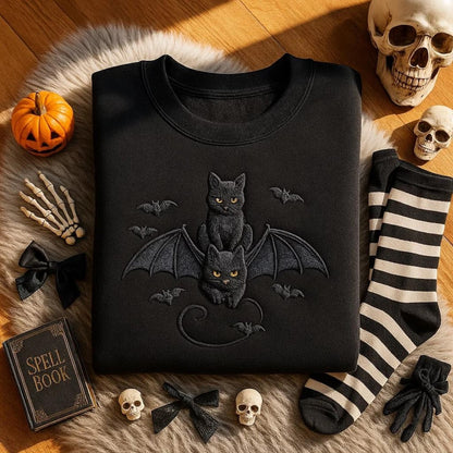 Embroidered Halloween Black Cat Sweatshirt, Halloween Tee,Bats Shirt Dark Humor Gothic Style Bat Tee,Top Cat Lover Gift,Trendy Spooky Season