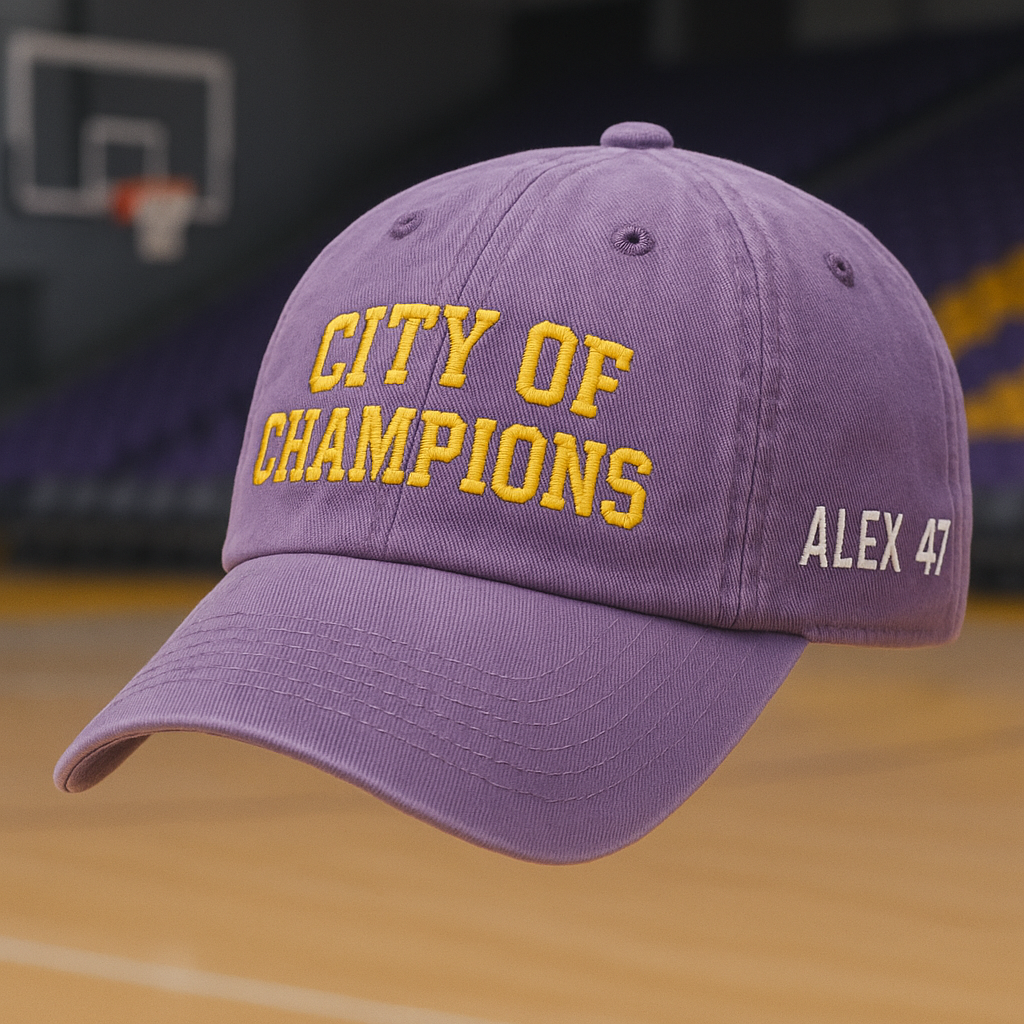 City of Champions Washed Purple Dad Hat – Custom Embroidered Baseball Cap, Los Angeles Inspired
