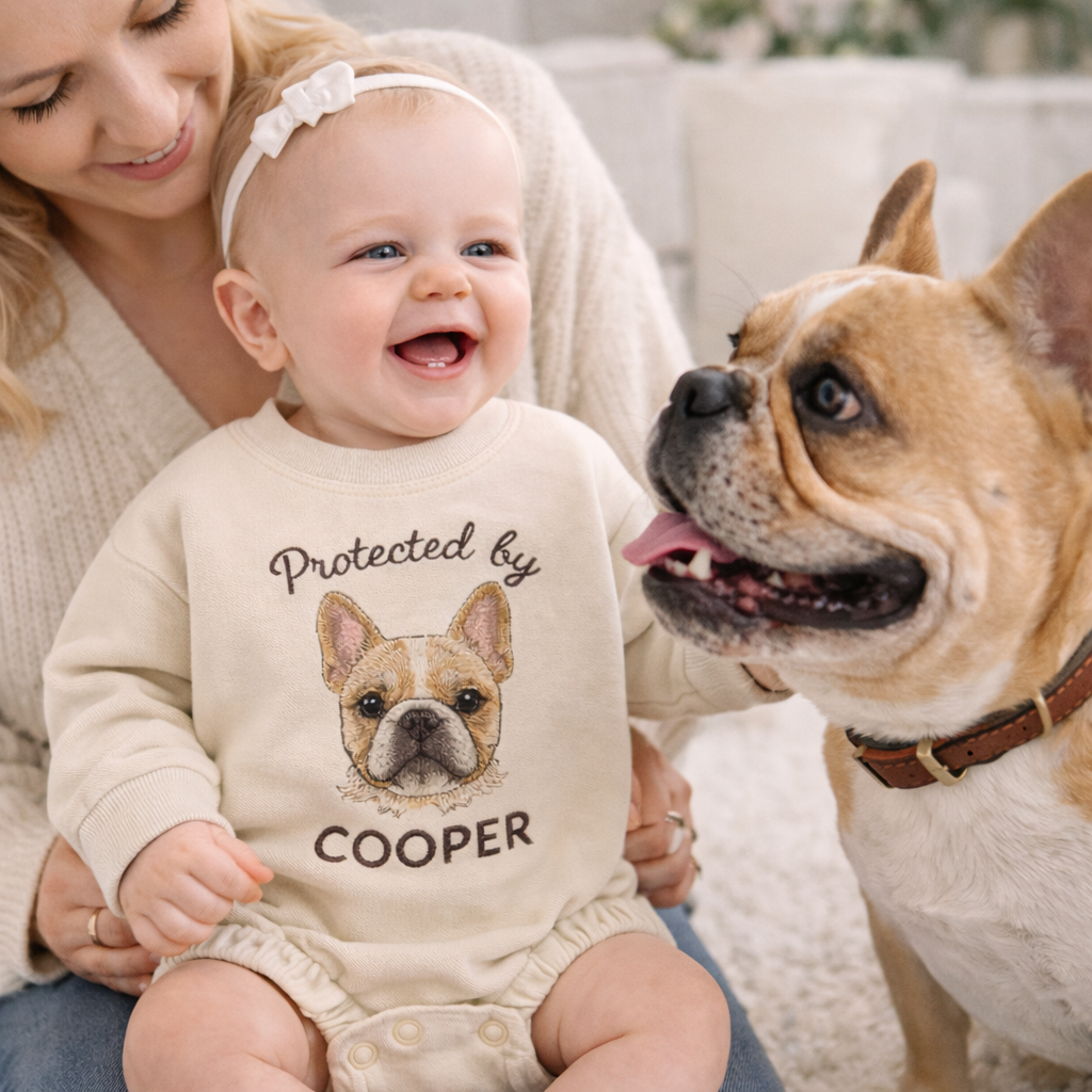 Personalized Embroidered French Bulldog Baby Onesie – Protected by Frenchie Gift for Dog Mom