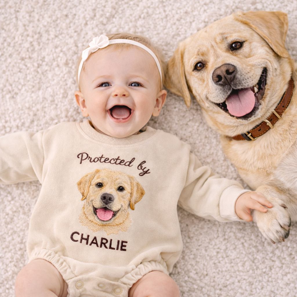 Personalized Embroidered Golden Retriever Baby Onesie – Protected by Golden Gift for Dog Mom
