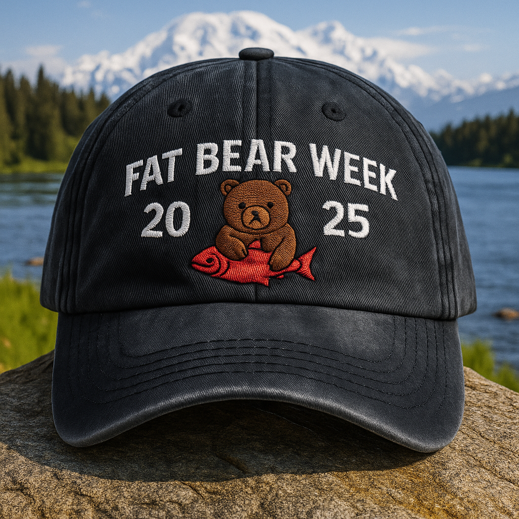 Fat Bear Week 2025 Dad Cap – Washed Black Embroidered Hat with Cute Bear and Red Salmon Icon