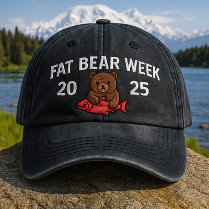 Fat Bear Week 2025 Dad Cap – Washed Black Embroidered Hat with Cute Bear and Red Salmon Icon