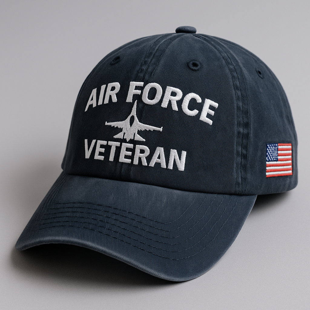 Air Force Veteran Dad Cap – Washed Navy Embroidered Hat with F-16 Jet and USA Flag Patch