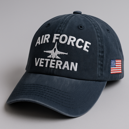 Air Force Veteran Dad Cap – Washed Navy Embroidered Hat with F-16 Jet and USA Flag Patch