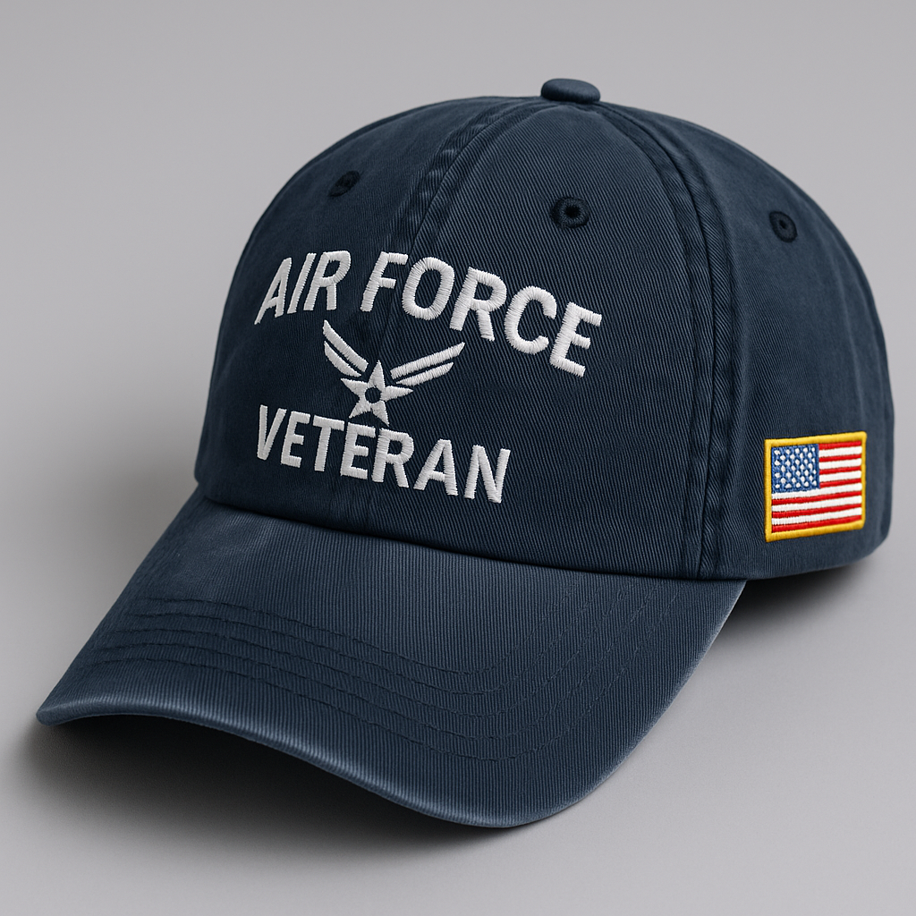 Air Force Veteran Dad Cap – Washed Navy Embroidered Hat with F-16 Jet and USA Flag Patch