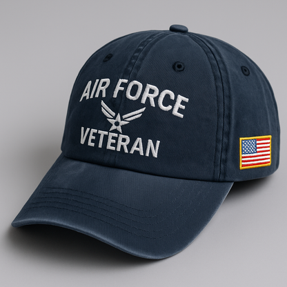 Air Force Veteran Dad Cap – Washed Navy Embroidered Hat with F-16 Jet and USA Flag Patch