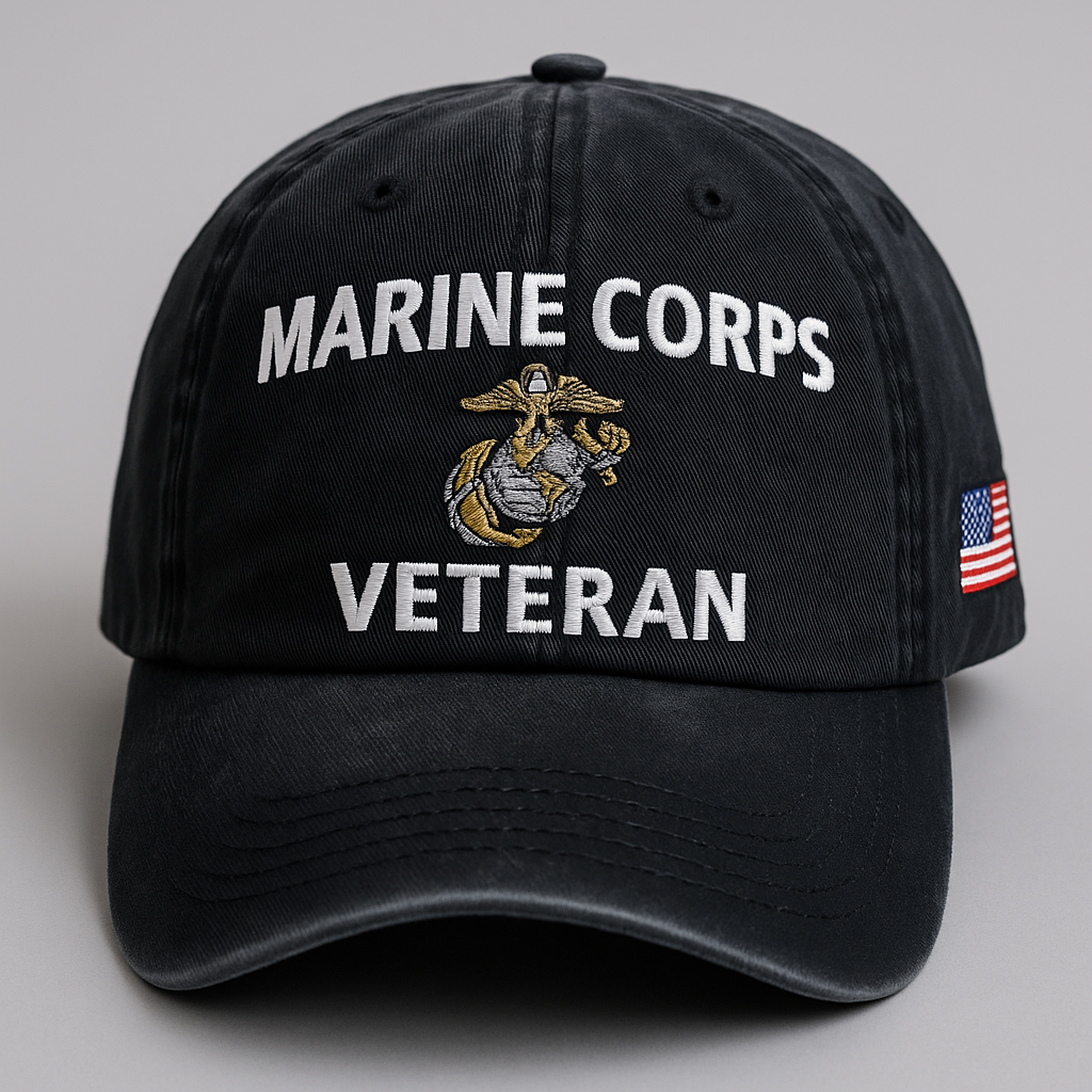 Marine Corps Veteran Dad Cap, Usmc Hats – Washed Black Embroidered Hat with Eagle Globe Anchor Insignia and USA Flag Patch