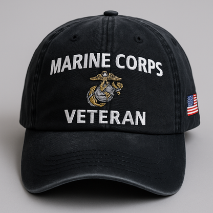 Marine Corps Veteran Dad Cap, Usmc Hats – Washed Black Embroidered Hat with Eagle Globe Anchor Insignia and USA Flag Patch