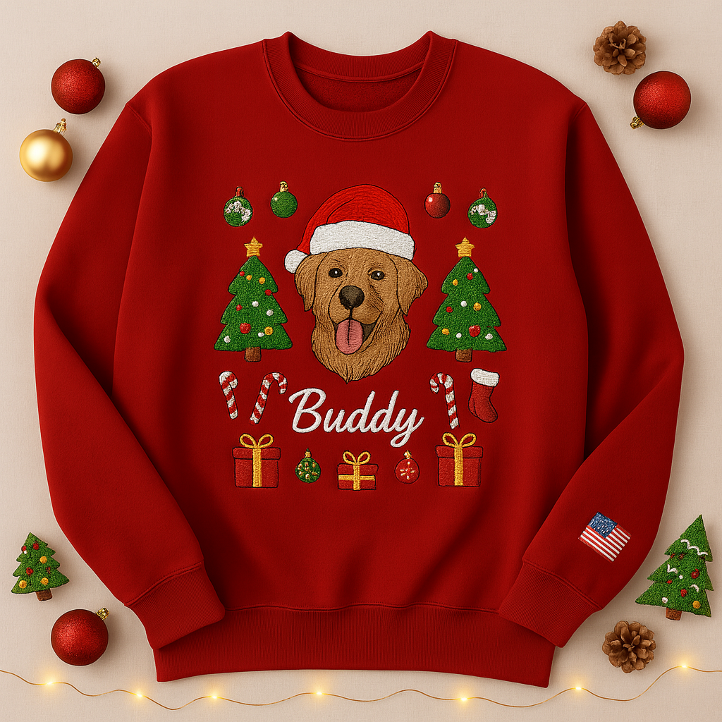Golden Retriever Christmas Sweatshirt – Custom Embroidered Dog Name Holiday Sweater with Santa Hat, Trees, Gifts & Candy Canes