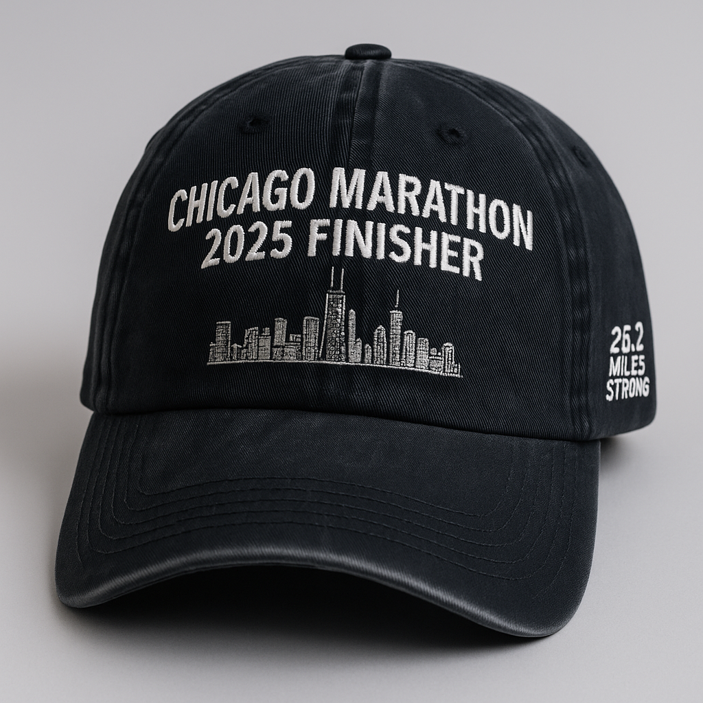 Chicago Marathon 2025 Finisher Hat – Washed Black Embroidered Dad Cap with Skyline Logo and 26.2 Miles Strong Slogan