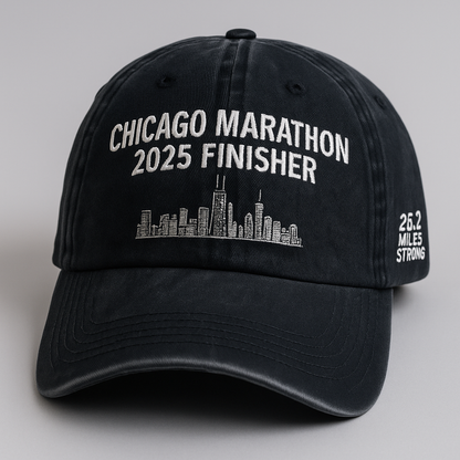 Chicago Marathon 2025 Finisher Hat – Washed Black Embroidered Dad Cap with Skyline Logo and 26.2 Miles Strong Slogan
