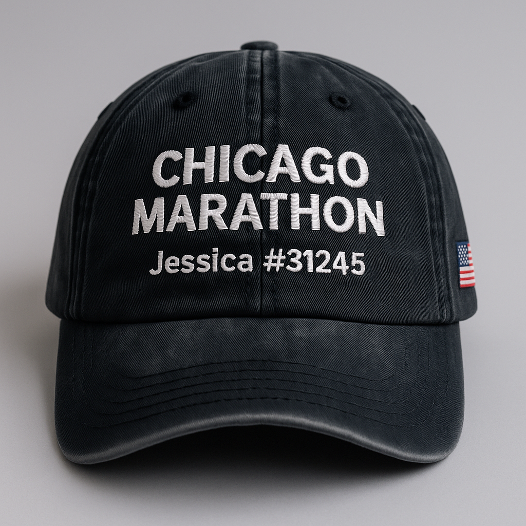 Chicago Marathon 2025 Personalized Runner Hat – Washed Black Embroidered Dad Cap with Name & Bib Number