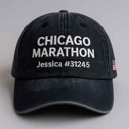 Chicago Marathon 2025 Personalized Runner Hat – Washed Black Embroidered Dad Cap with Name & Bib Number