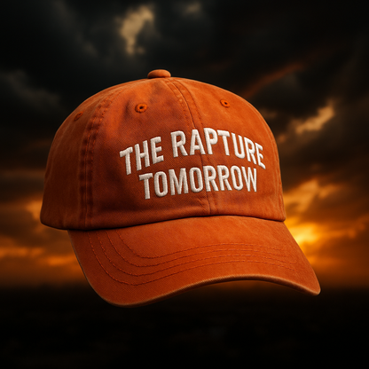 The Rapture Tomorrow Dad Cap – Apocalyptic Vintage Washed Hat, White Embroidered Baseball Cap, Religious Meme Streetwear