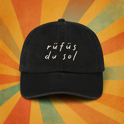Rüfüs Du Sol Dad Cap – Washed Black Embroidered Hat, Vintage Retro Style Baseball Cap with White Stitching