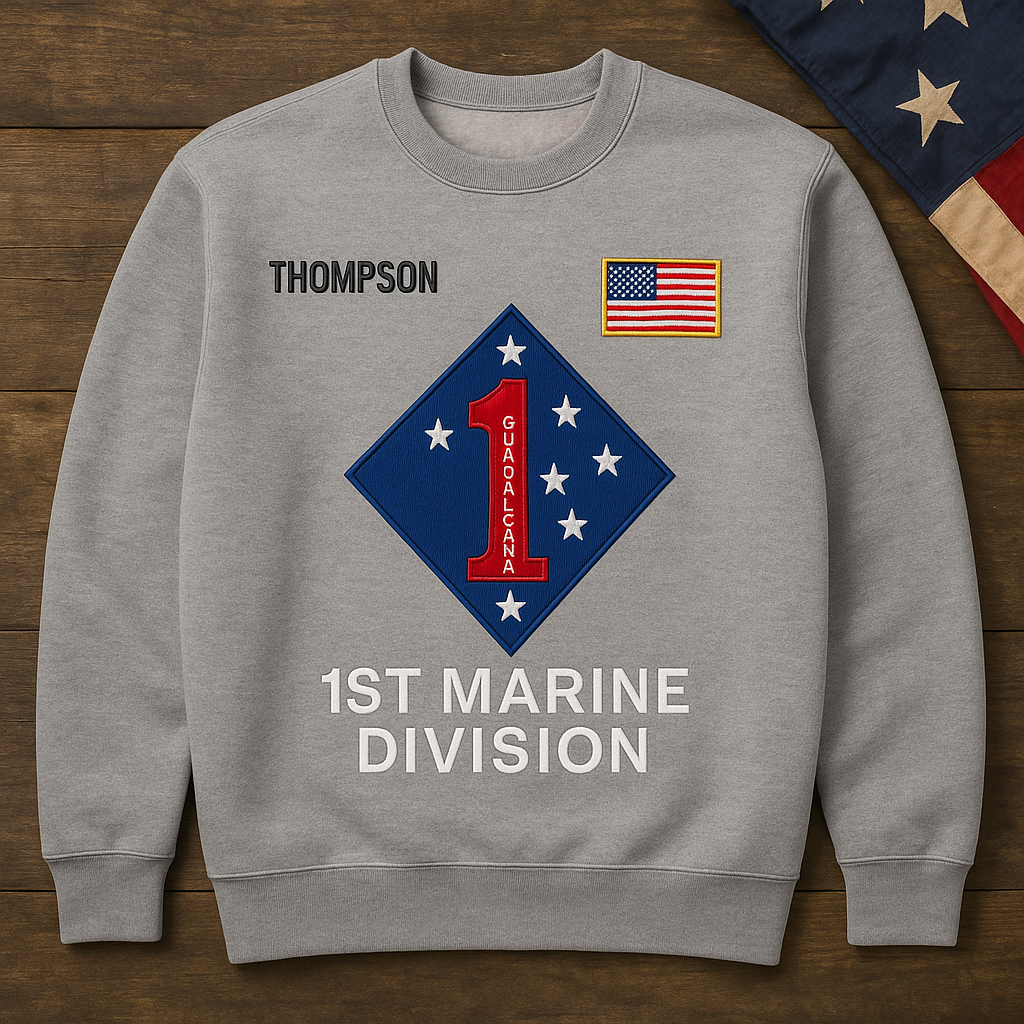 1st Marine Division Embroidered Sweatshirt – Custom Name & US Flag Patch, Military Veteran Gift, USMC Apparel