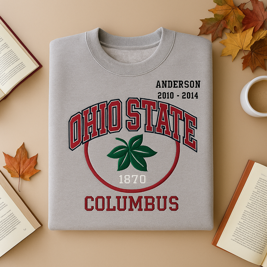 Ohio State Embroidered Sweatshirt – Personalized Name & Years, Buckeye Leaf College Crewneck, Columbus 1870 Alumni Gift