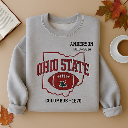 Ohio State Map Outline Embroidered Sweatshirt – Personalized Name & Years, Columbus 1870 College Crewneck, Alumni Gift