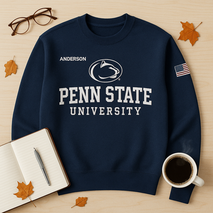 Penn State University Navy Blue Sweatshirt – Embroidered Nittany Lion Logo, Personalized Name & American Flag Patch
