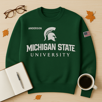 Michigan State University Green Sweatshirt – Embroidered Spartan Logo, Personalized Name & American Flag Patch