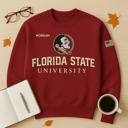 Florida State University Garnet Sweatshirt – Embroidered Seminoles Logo, Personalized Name & American Flag Patch