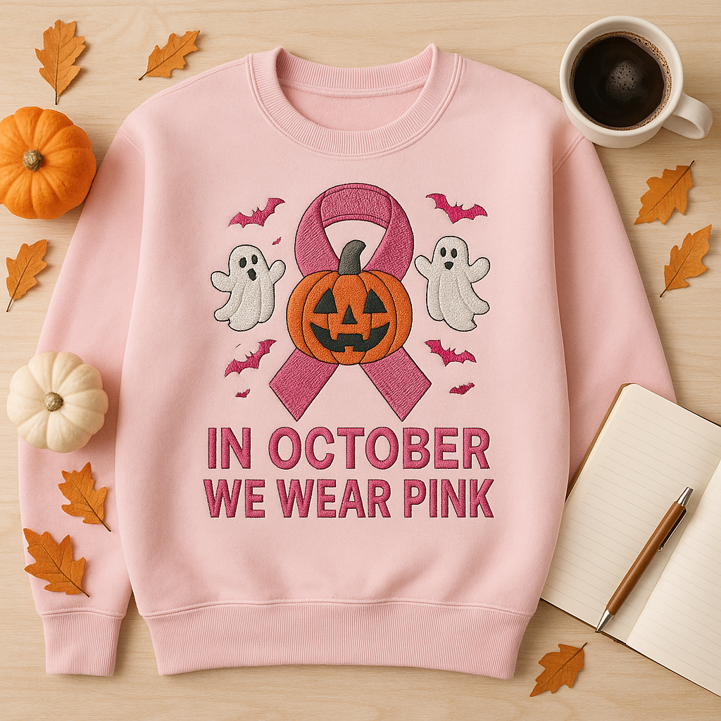 Halloween Breast Cancer Sweatshirt– In October We Wear Pink Sweatshirt, Pink Ribbon Ghost Pumpkin Embroidered Pullover