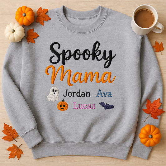 Personalized Spooky Mama Sweatshirt – Halloween Breast Cancer Awareness Shirt with Custom Kids Names, Embroidered Fall Pullover for Women
