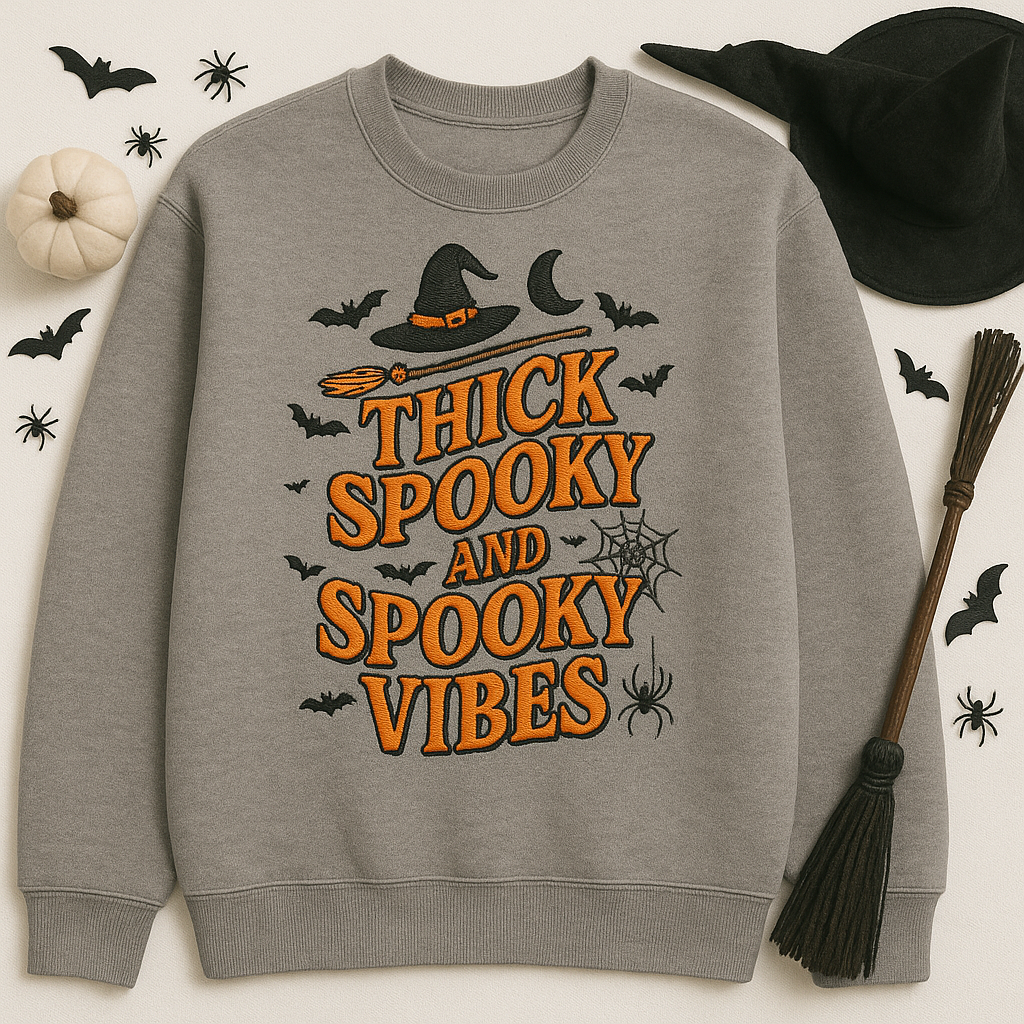 Thick Thighs and Spooky Vibes Halloween Sweatshirt – Embroidered Witch Hat, Pumpkin, Spider Web Cozy Fall Pullover