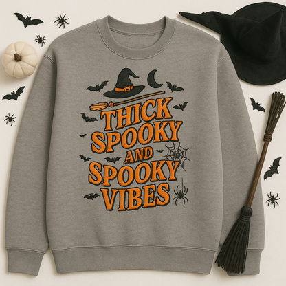 Thick Thighs and Spooky Vibes Halloween Sweatshirt – Embroidered Witch Hat, Pumpkin, Spider Web Cozy Fall Pullover