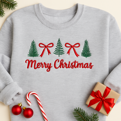 Merry Christmas Embroidered Sweatshirt – Festive Holiday Pullover with Pine Trees & Red Bows