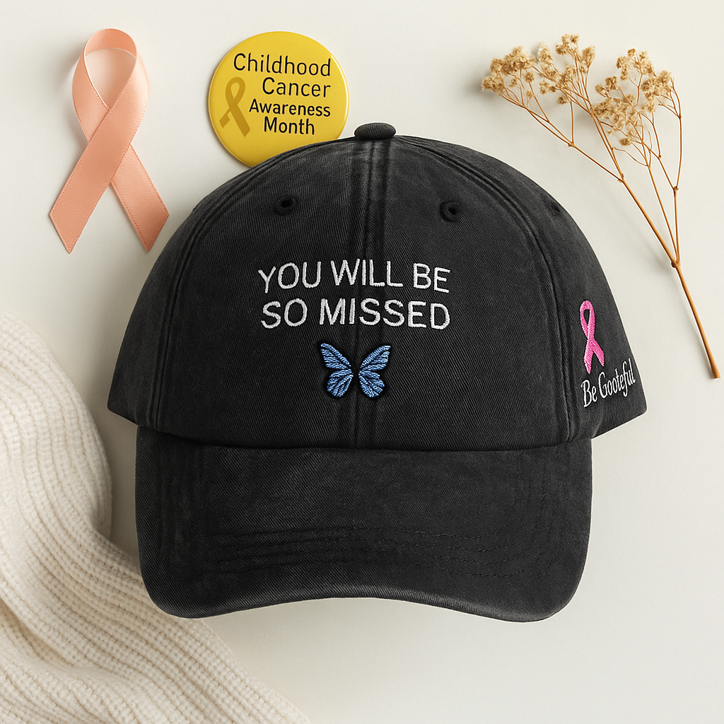 Zuza Beine Tribute Embroidered Hat – Noah Kahan Inspired Washed Black Dad Hat with Pink Ribbon & Butterfly