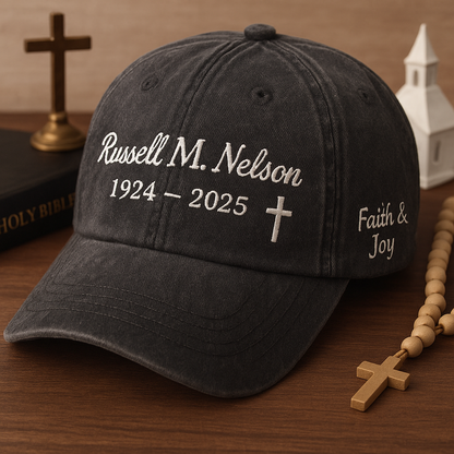 Russell M. Nelson LDS Church Memorial Black Washed Cap – Embroidered Cross, Faith & Joy Tribute Hat