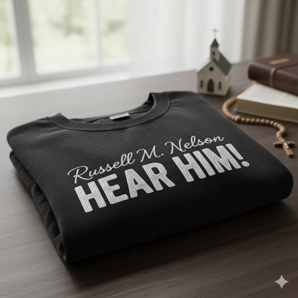 Russell M. Nelson "Hear Him!" LDS Church Sweatshirt - Black, Bold Embroidered Message