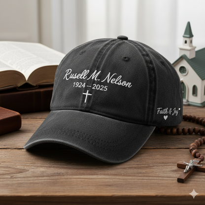 Russell M. Nelson LDS Church Memorial Vintage Black Washed Baseball Cap - Embroidered Cross & Faith & Joy