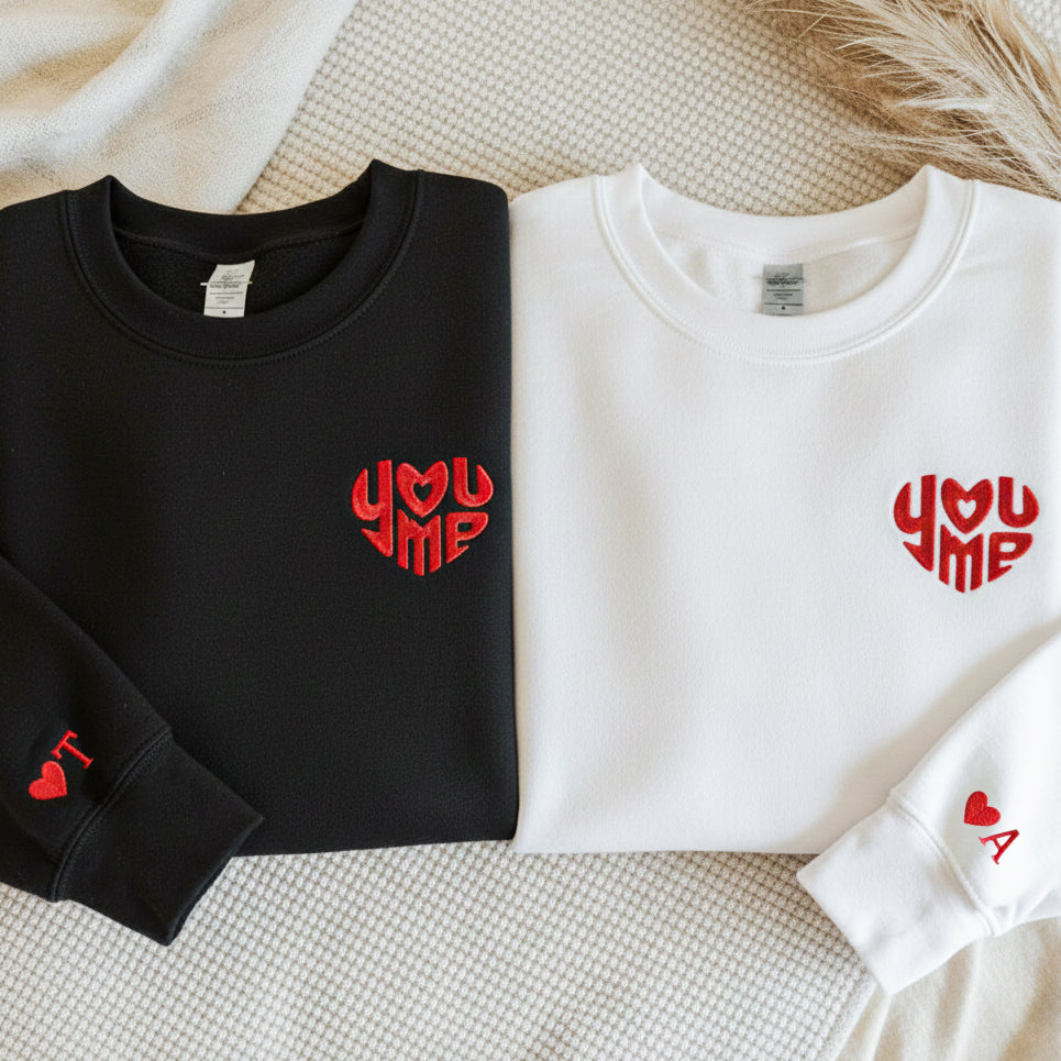 YOU + ME Couple Sweatshirt, Embroidered Heart Shirt, Matching Valentine Outfit
