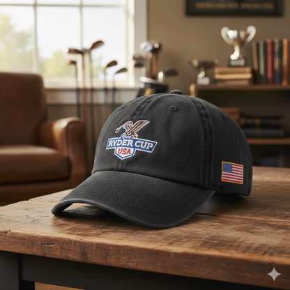 Washed Black USA Ryder Cup Hat, American Flag Patch Dad Cap, Golf Tournament Headwear