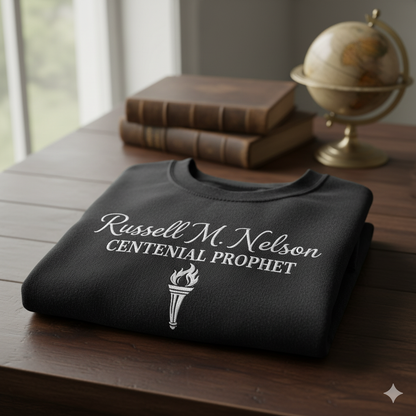 Russell M. Nelson Centennial Prophet LDS Sweatshirt - Black Embroidered Torch Design