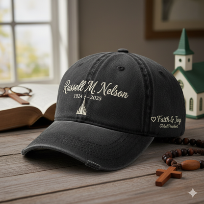 Russell M. Nelson LDS Church Memorial Cap - Black Washed, Embroidered Temple & Faith & Joy