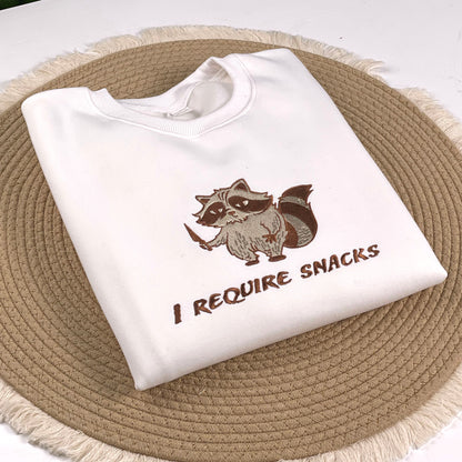 I Require Snacks Embroidered Sweatshirt, Chaotic Cute Animal Shirt