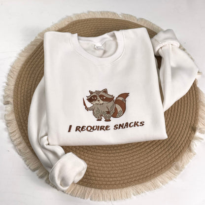 I Require Snacks Embroidered Sweatshirt, Chaotic Cute Animal Shirt