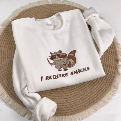 I Require Snacks Embroidered Sweatshirt, Chaotic Cute Animal Shirt