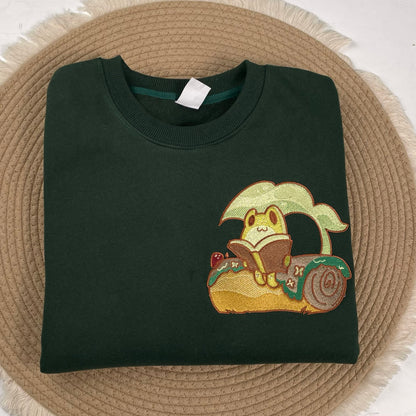 Frog Reading On A Log Embroidered Sweatshirt, Nature Lover Gift
