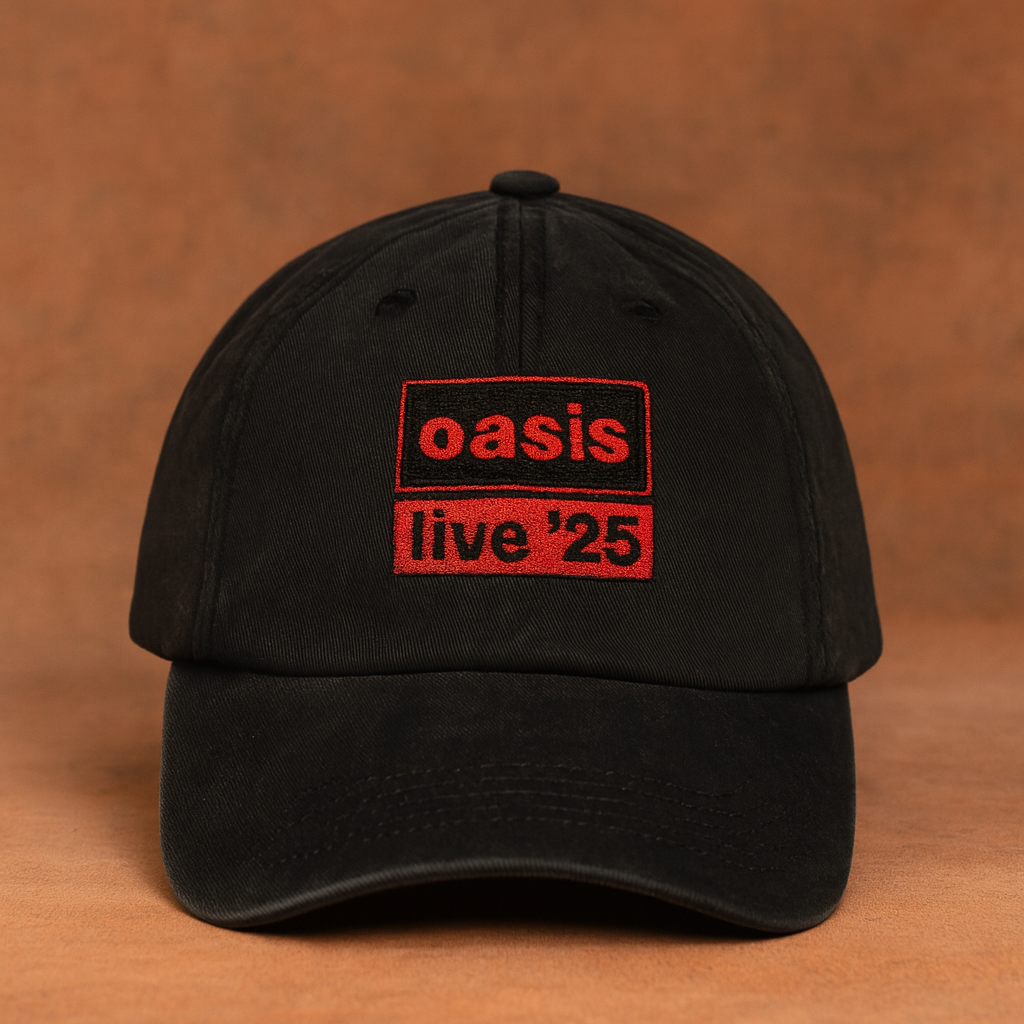Oasis Live ’25 Dad Cap – Washed Black Embroidered Hat, Vintage Concert Tour Baseball Cap