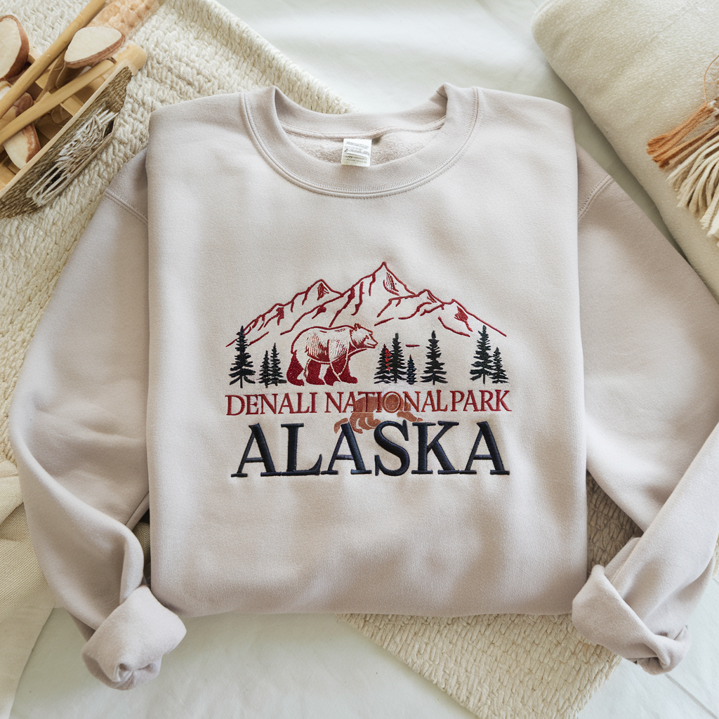 Alaska Denali National Park Embroidered Sweatshirt, Mountain Landscape Design