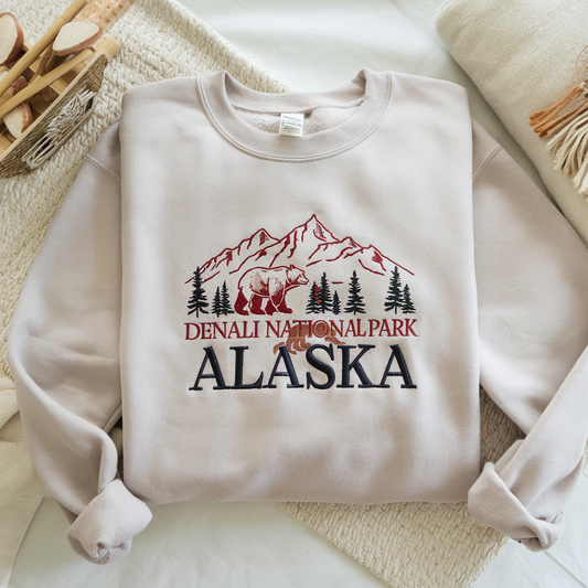 Alaska Denali National Park Embroidered Sweatshirt, Mountain Landscape Design