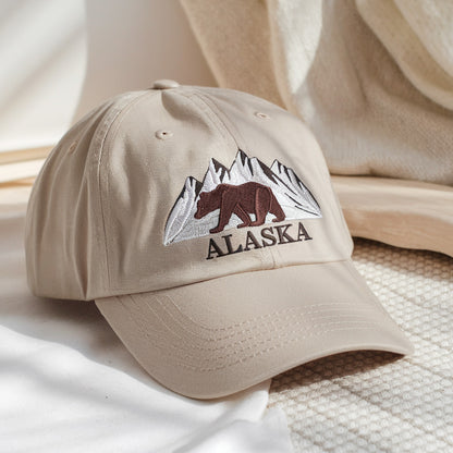 Alaska Mountain Bear Embroidered Cap, Outdoor Adventure Hat