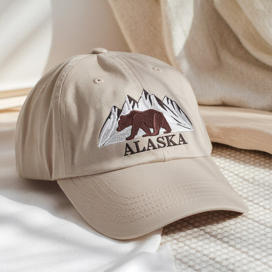 Alaska Mountain Bear Embroidered Cap, Outdoor Adventure Hat