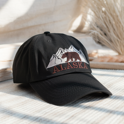 Alaska Mountain Bear Embroidered Cap, Outdoor Adventure Hat