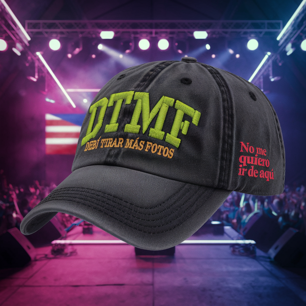 DTMF Dad Cap, Bad Bunny Concert Merch – Washed Black Embroidered Hat, Debí Tirar Más Fotos Cap, No Me Quiero Ir de Aquí Concert Merch